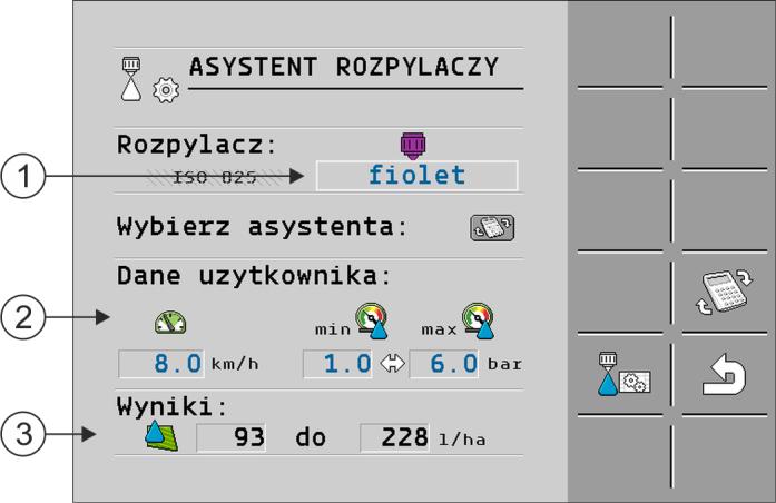 Konfiguracja komputera roboczego Konfiguracja rozpylaczy przy opryskiwaczach z regulacją czujnika ciśnienia 7 Ustalenie możliwych dawek Wybrany rozpylacz Możesz tutaj wprowadzić: - żądaną prędkość
