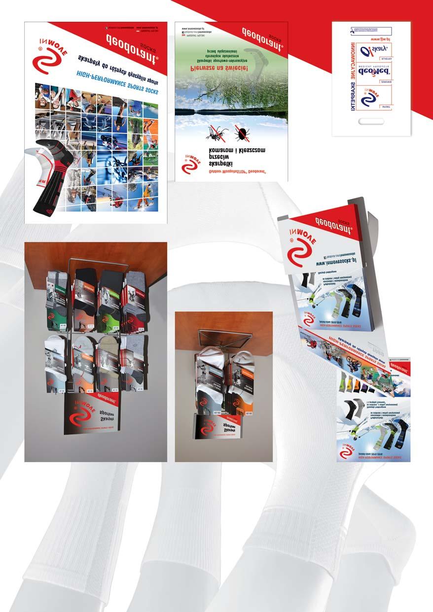 Bezpłatne materiały informacyjno-reklamowe małe ekspozytory na skarpetki, statyczne lub obrotowe plakat informacyjno-reklamowy (format 50 x 70 cm) ulotki informacyjno-reklamowe (format A5)