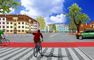 34. Podaj prawidłową kolejność przejazdu przez to skrzyżowanie: a. rowerzysta na przejeździe samochód osobowy rowerzysta skręcający w lewo, b.