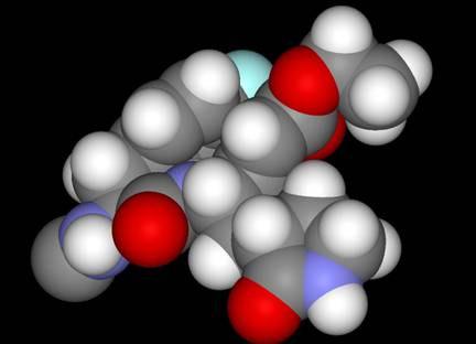 Wizualizacja cząsteczki w różnych reprezentacjach C atom węgla, szary H atom wodoru, biały O atom tlenu, czerwony N atom