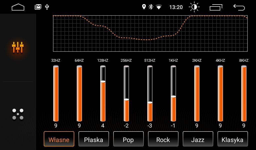 EQ - Equalizer. By wejść do menu nastaw barwy dźwięku kliknij ikonę, otworzy się nowe menu (rys 9). Przesuwając palcem po pionowych słupkach częstotliwości ustaw charakterystykę barwy dźwięku.