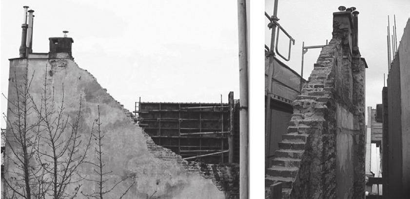 Rys. 3. Widok zniszczonej ściany granicznej pomiędzy oficynami Rys. 4. Uszkodzenia dachu kamienicy sąsiedniej C2 (por. rys. 1) Rys. 6. Uszkodzenia restauracji znajdującej się w podwórzu P (por. rys. 1) Rys. 7.