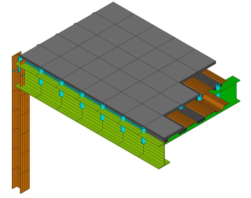 Model MES Model hybrydowy oparty na kilku typach elementów skończonych oprogramowania ANSYS SHELL91 (6 DOF wielowarstwowy): masywna część płyty betonowej