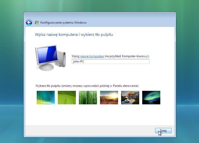 Krok 14 Pojawi się ekran "Wpisz nazwę komputera i wybierz tło pulpitu".