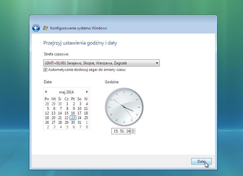 Krok 16 Pojawi się ekran "Przegląd czasu i daty", skonfiguruj zegar komputera, aby dopasować aktualną datę, godzinę