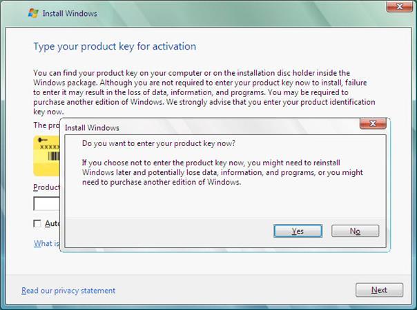 Uwaga: Jeśli wprowadzisz klucz produktu, Instalator określi wersję produktu Windows Vista do zainstalowania i nie będzie wyświetlał kolejnych dwóch ekranów.