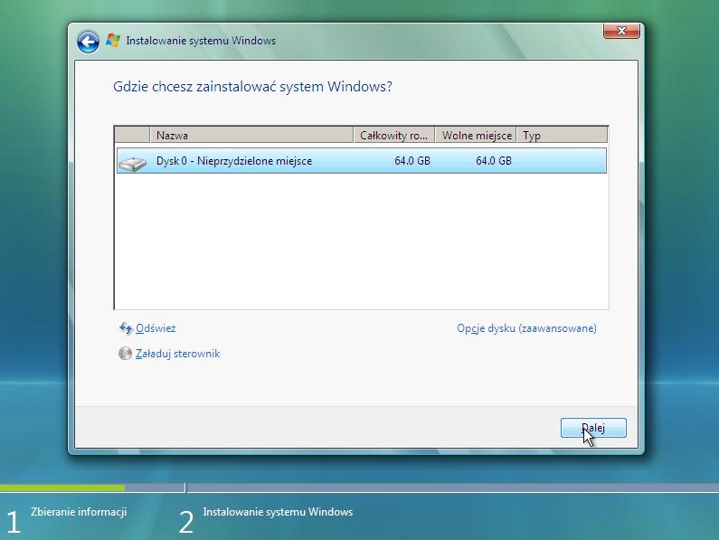 Krok 7 Pojawi się ekran "Jakiego typu instalację chcesz wykonać?". Kliknij opcję Niestandardowa (zaawansowane). Krok 8 Pojawi się ekran "Gdzie chcesz zainstalować system Windows? ". Wybierz dysk lub partycje, na której chcesz zainstalować system Windows Vista.