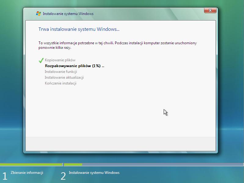 Krok 9 Zaczyna się faza instalacji systemu Windows. Pojawi się ekran "Instalacja Windows...". Instalator Windows Vista może potrzebować około 50 minut aby skonfigurować Twój komputer.