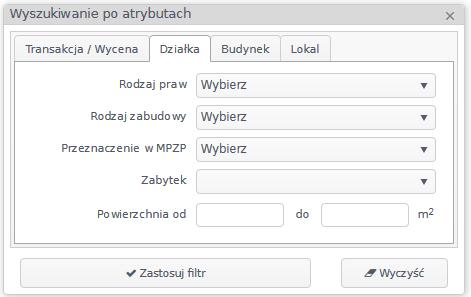 Zakładka Transakcja/Wycena Przedział czasowy zawsze musi być określony (data rejestracji lub data transakcji/wyceny).