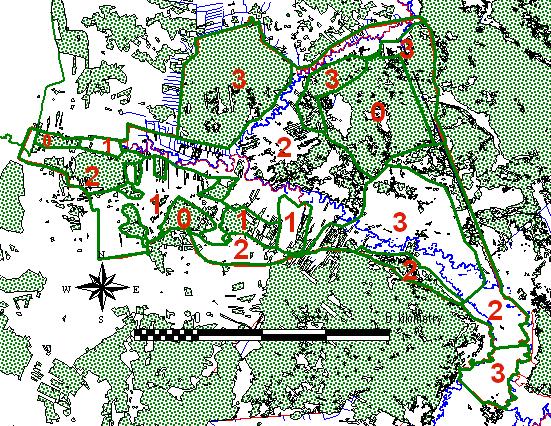 1 powierzchnie o niskim walorze, gdzie występuje stosunkowo niewiele gatunków, ale ze wglądu na to, że jest to głównie otwarta przestrzeń, jest miejscem żerowania i rozmnażania niektórych gatunków, 0