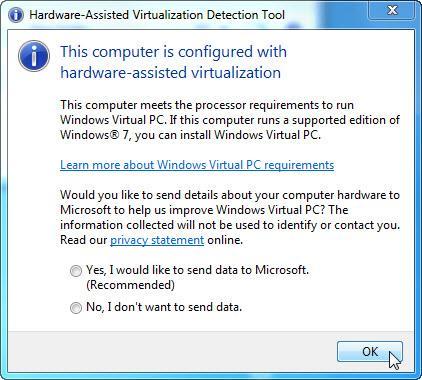 Czy komputer posiada odpowiedni procesor aby uruchomić Windows Virtual PC? Jeśli nie otrzymałeś odpowiedzi na pytanie, poproś o pomoc instruktora. Kliknij OK.