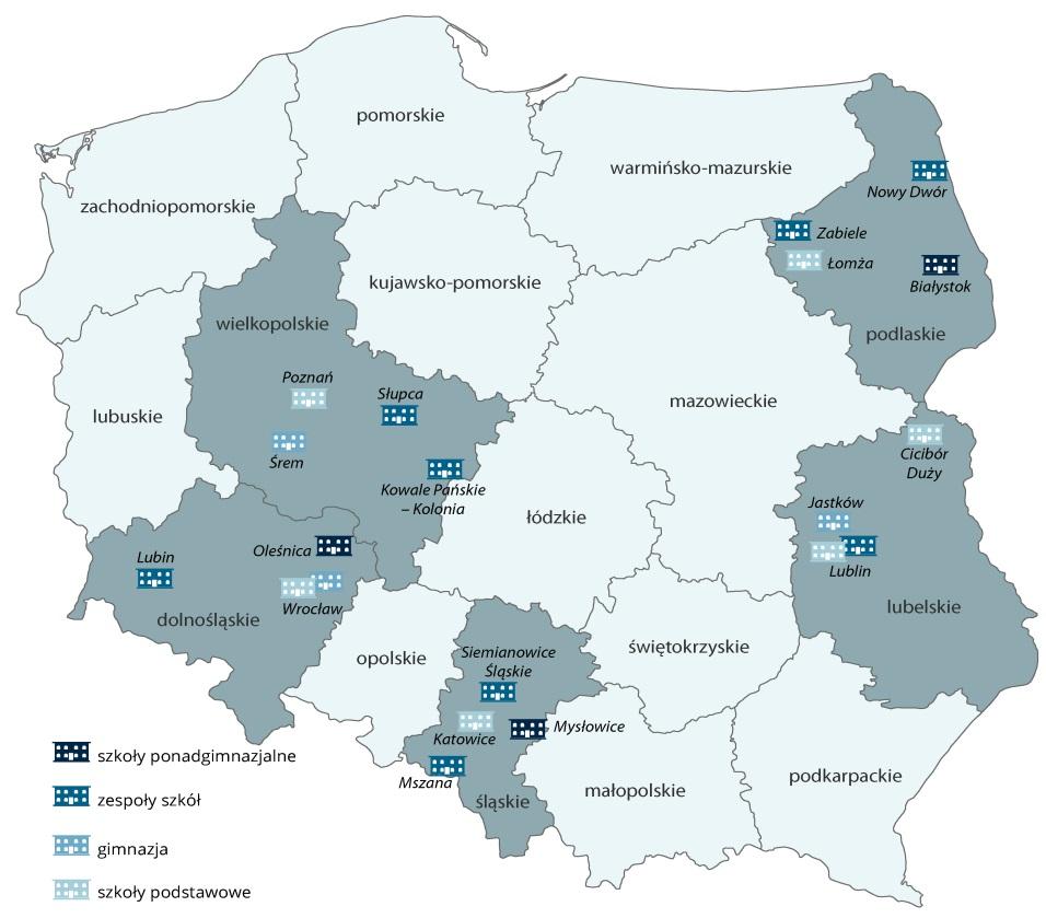 04 Kogo kontrolowaliśmy? 20 szkół lub zespołów szkół z terenu pięciu województw: dolnośląskiego, wielkopolskie, lubelskiego, podlaskiego, śląskiego.