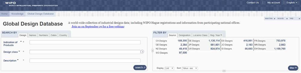 Wyszukiwanie wzorów Wyszukiwanie wzorów w Global Design Database Niniejsza baza danych zawiera kilka opcji wyszukiwania wzorów w różnych zakładkach: Zakładka Design umożliwia wyszukiwanie według