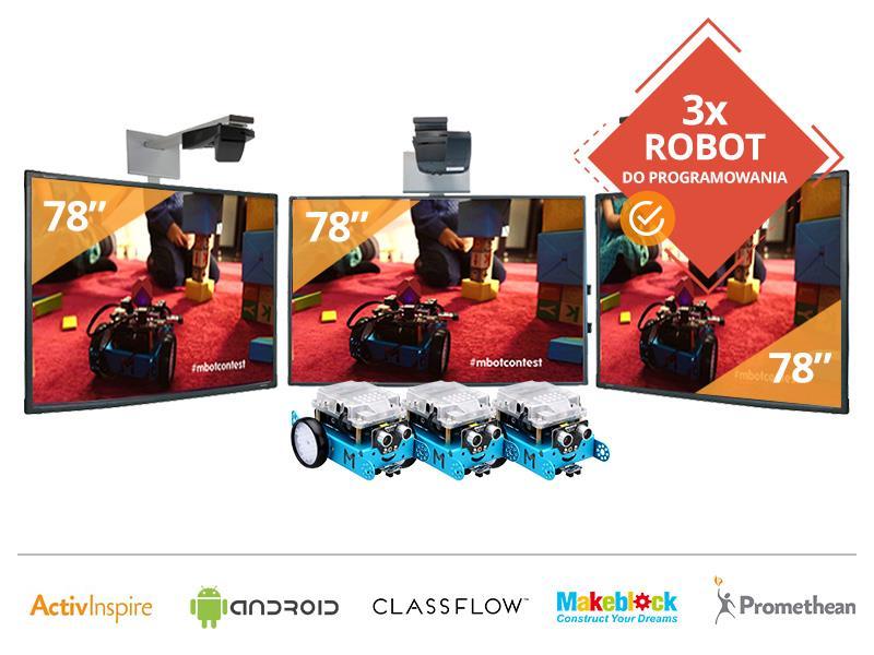 Wariant 5 Zestaw 3x Tablica Interaktywna 78 z projektorami krótkoogniskowymi szkołach (3 Roboty) Tablica interaktywna Promethean ActivBoard 10Touch 78 DryErase 3 Roboty Makeblock mbot v1.