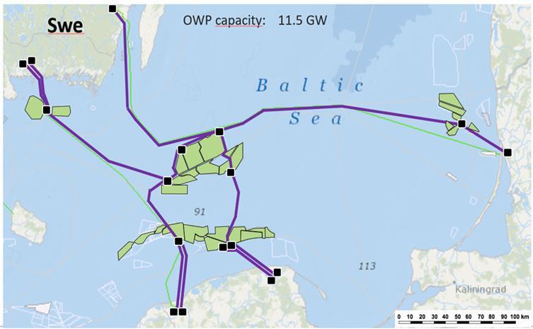 Sieci morskie Zalety budowy sieci morskich: większe bezpieczeństwo dostaw energii: przy bezwietrznej pogodzie przesył międzysystemowy, alternatywne połączenie
