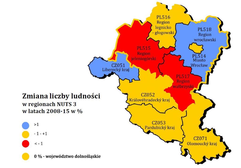Kontekst regionalny - wyzwania rozwojowe gmin sudeckich Zmiany w liczbie ludności na Dolnym Śląsku i graniczących regionach czeskich wskazują na pogłębianie się dysproporcji pomiędzy atrakcyjną