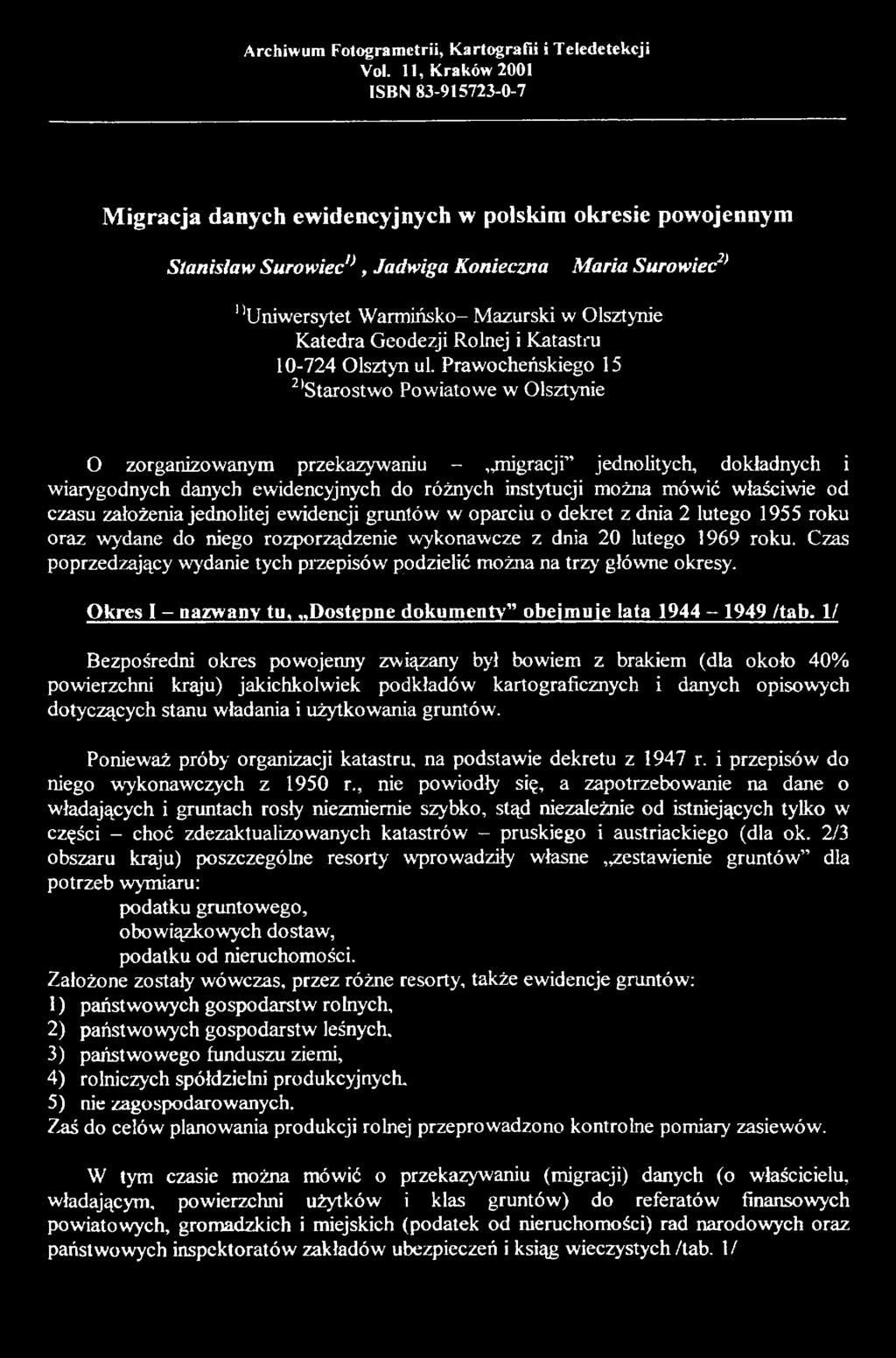Olsztynie Katedra Geodezji Rolnej i Katastru 10-724 Olsztyn ul.