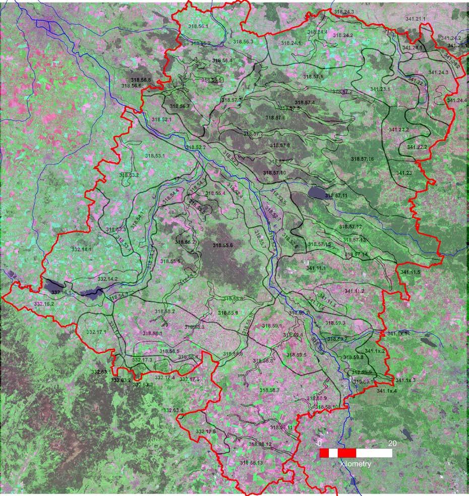 Ryc. 4. Mikroregiony fizycznogeograficzne województwa opolskiego na tle dominujących form pokrycia. Kompozycja na tle obrazu LandSat7, dzięki uprzejmości US Geological Survey. Fig. 4. Physical-geographical microregions of the Opole Province against the background of land use forms.