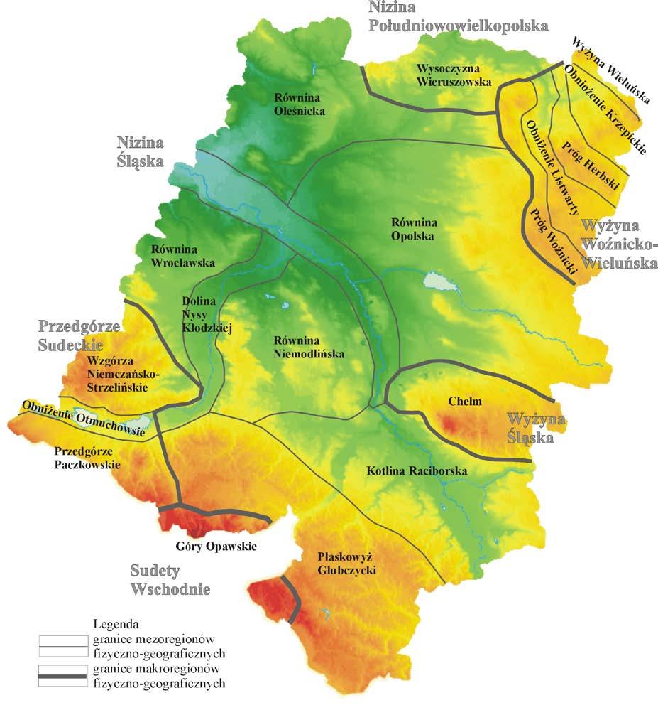 Ryc. 1. Podział fizycznogeograficzny województwa opolskiego na tle NMT. Źródło: opracowanie własne na podstawie J. Kondrackiego (2002) i NMT z OWI (2017). Fig. 1. Physical-geographical division of the Opole Province against the background of NMT.