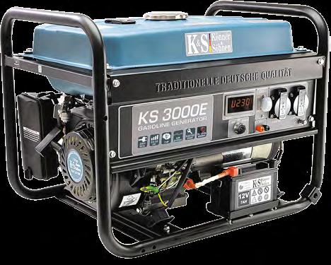 KS 3000 Czas pracy bez tankowania przy 50% GENERATORY BENZYNOWE 3.0 kw 2.6 kw 7 KM ręczne KS 210 2 х 16 А 15 l 0.6 l 15 godzin 41.5 kg KS 3000Е Czas pracy bez tankowania przy 50% 3.0 kw 2.6 kw 7 KM ręczny/electro KS 210 2 х 16 А 15 l 0.