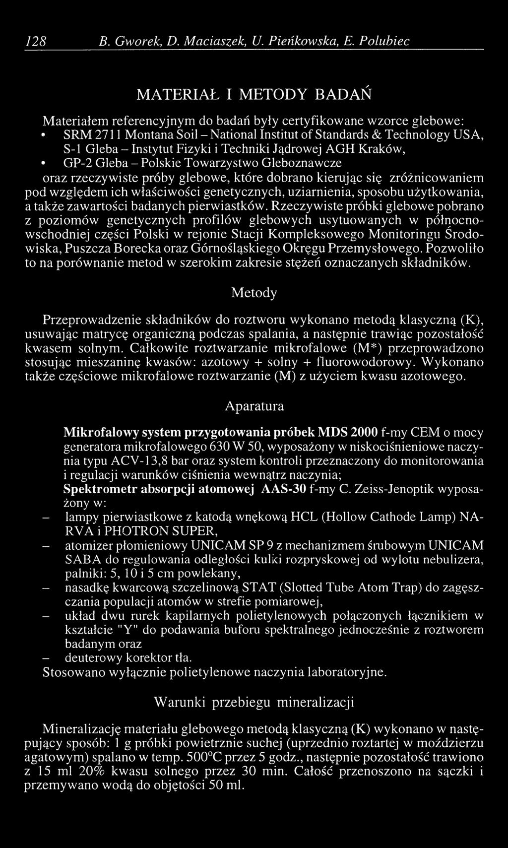 Fizyki i Techniki Jądrowej AGH Kraków, GP-2 Gleba - Polskie Towarzystwo Gleboznawcze oraz rzeczywiste próby glebowe, które dobrano kierując się zróżnicowaniem pod względem ich właściwości