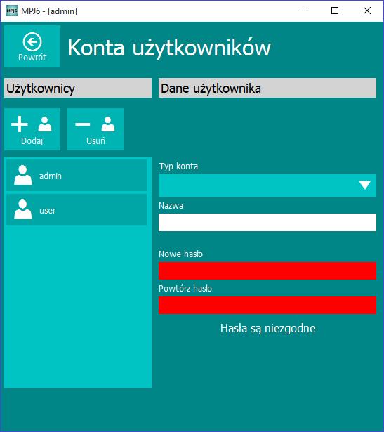 1.1. KONTA UŻYTKOWNIKÓW 1.1.1. Domyślne konta Po zainstalowaniu programu dostępne są dwa domyślne konta: admin i user.