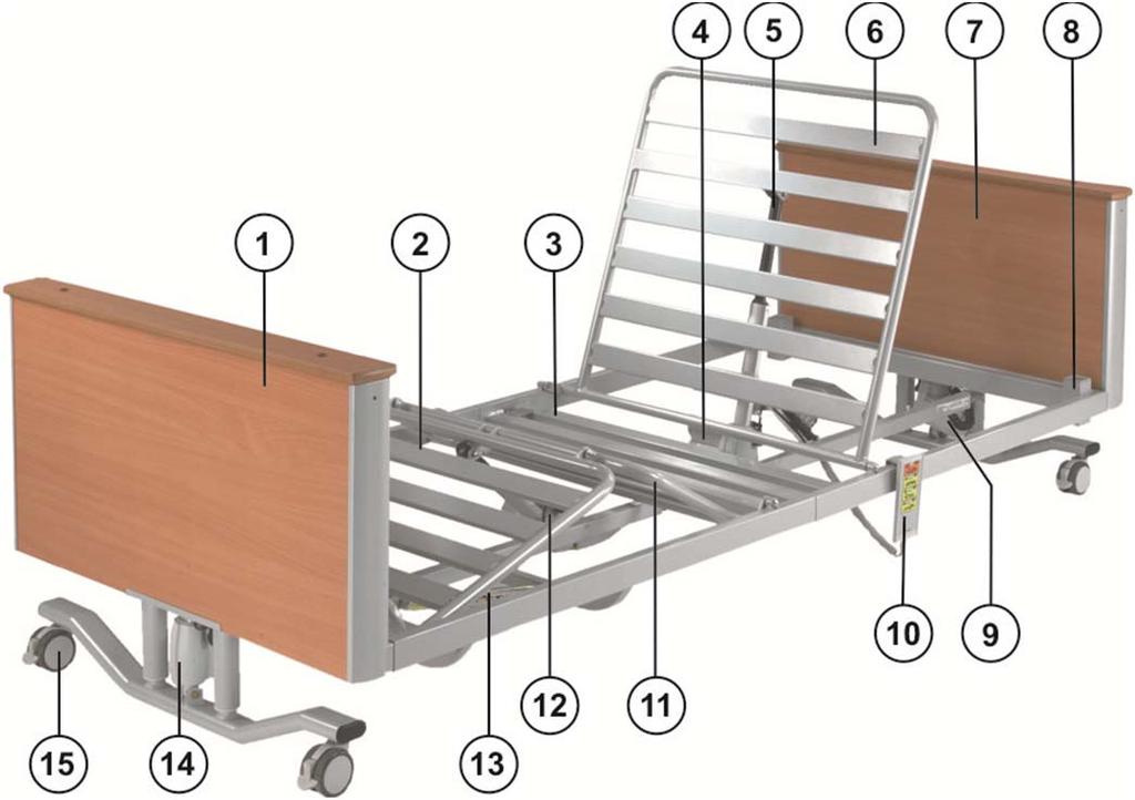 Opis urządzenia 1. Panel stóp 9. Siłownik wezgłowia 2. Podparcie łydki (dolnej części nogi) 10. Pilot 3. Segment siedziska 11. Podparcie uda (górnej części nogi) 4.