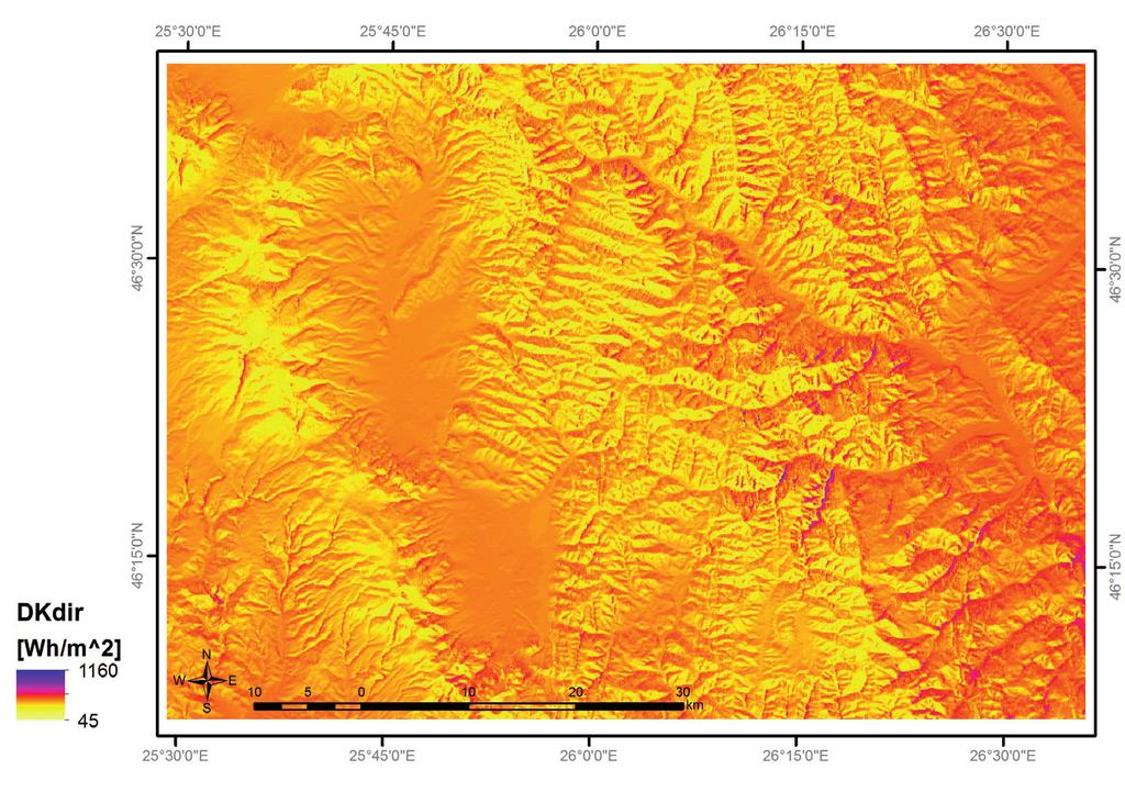 modelowanie dopływu promieniowania słonecznego 89 modelu z programu ArcMap jest obliczanie wyraźnie niższych wartości napromienienia bezpośredniego dla stoków i zboczy o umiarkowanym lub dużym