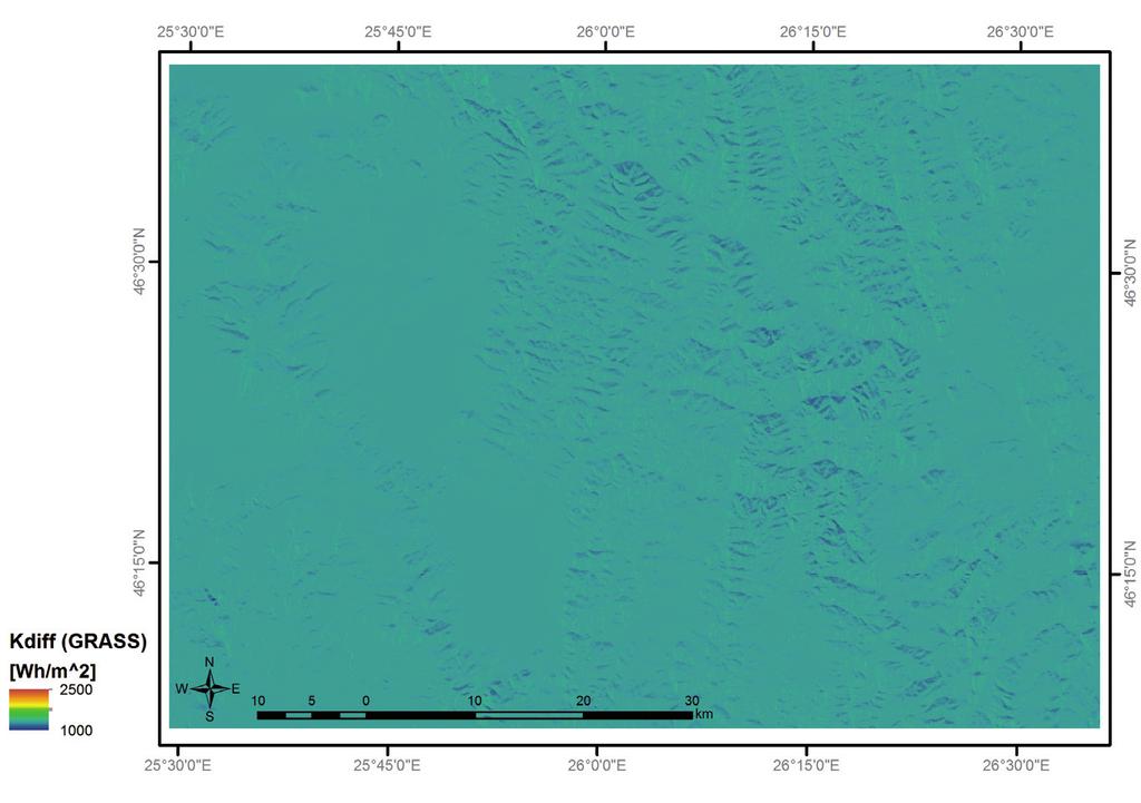 modelowanie dopływu promieniowania słonecznego 91 Ryc. 14. Mapa rozproszonego napromienienia słonecznego stworzona za pomocą modelu r.sun Fig. 14. Map of diffused solar irradiance created with the r.