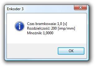 Dodatkowo każdemu z enkoderów przyporządkowane zostały dwa przyciski: Informacja o czujniku oraz Zeruj pozycję służące odpowiednio do wyświetlania informacji o czujniku (czas bramkowania,