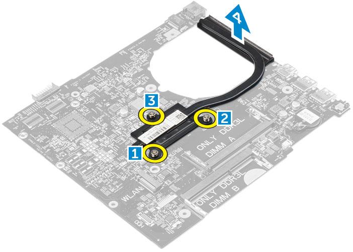 Instalowanie radiatora 1 Umieść zespół radiatora na miejscu i dopasuj go do otworów na wkręty w płycie systemowej. 2 Wkręć wkręty osadzone mocujące radiator do płyty systemowej.