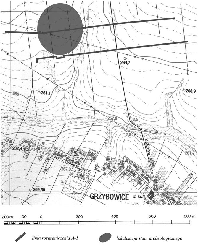 RAPORT 2007-2008 ( 1 ) Ryc. 1. Wieszowa, stan. 8, gm. Zbrosławice, woj. śląskie. Lokalizacja stanowiska w stosunku do przebiegu planowanej inwestycji. Fig. 1. Wieszowa, site 8, Zbrosławice commune, śląskie voivodeship.