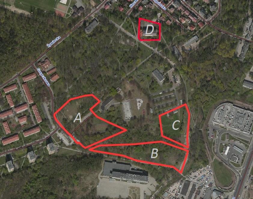 2. Stan zainwestowania Część A obejmuje obszar niezabudowany, w znacznej części porośnięty drzewami i krzewami. W jego południowo-wschodniej części znajduje się boisko sportowe.