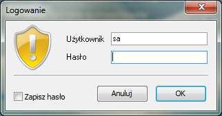 W odpowiednie pola należy wpisać hasło użytkownika sa ( system administrator serwera SQL hasło ustanawiane podczas instalacji MS SQL Server) oraz wybrać z listy rozwijalnej nazwę serwera SQL.