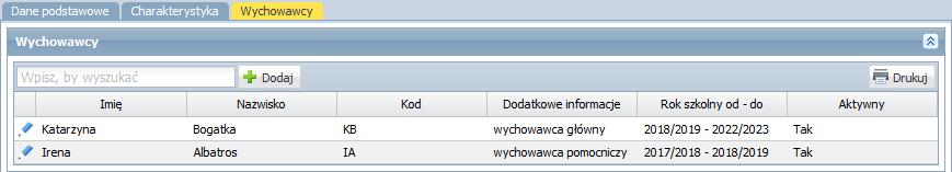 Aby usunąć omyłkowo dodanego wychowawcę, edytuj jego dane i w oknie Edycja wychowawcy kliknij przycisk Usuń. W analogiczny sposób przypisuje się wychowawców do oddziałów przedszkolnych.