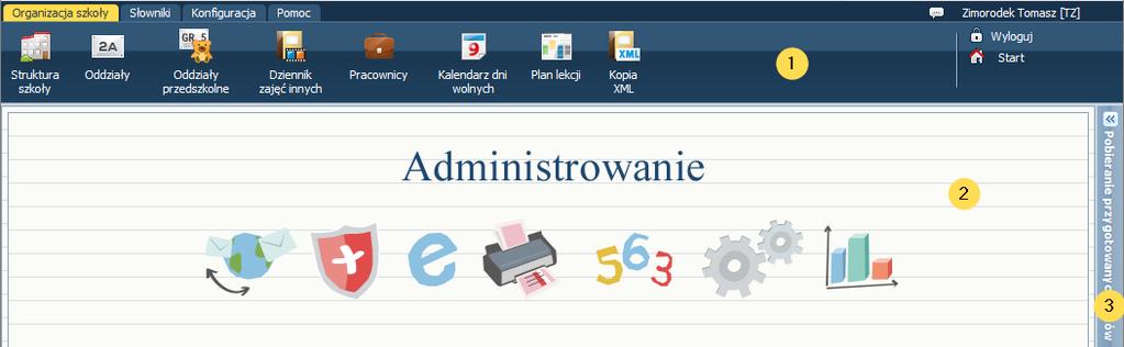 Jak rozpocząć pracę z systemem UONET+? 5/24 Na stronie startowej wyświetlają się różne informacje systemowe dedykowane dla zalogowanego użytkownika.