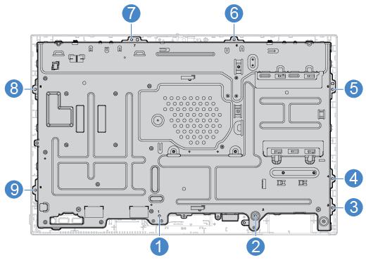 Rysunek 80. Instalowanie panelu LCD i obudowy w ramie 18. Doprowadź nowe kable panelu LCD i podłącz je do płyty głównej. 19. Zainstaluj z powrotem usunięte części.