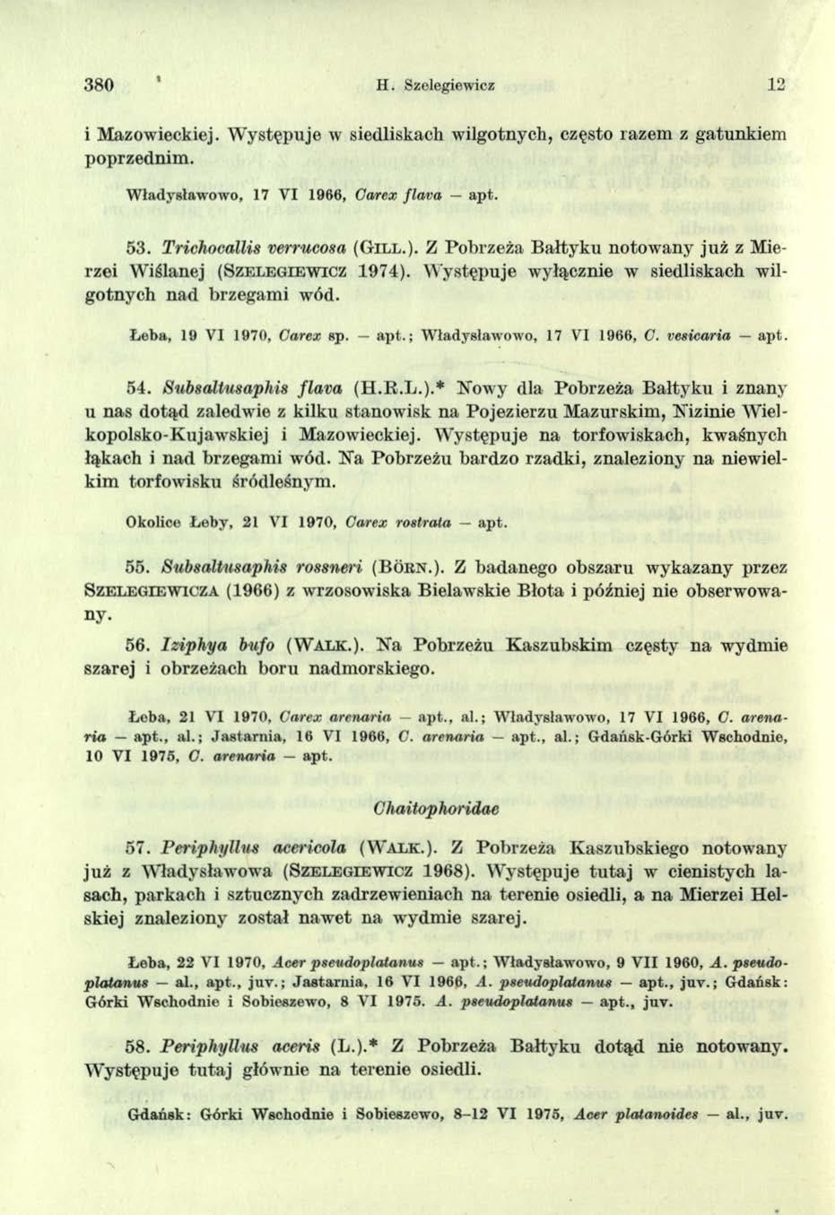 380 H. Szelegiewicz 12 i Mazowieckiej. Występuje w siedliskach wilgotnych, często razem z gatunkiem poprzednim. W ładysławowo, 17 VI 1960, Carex flava apt. 5 3. Trichocallis verrucosa (G i l l.).