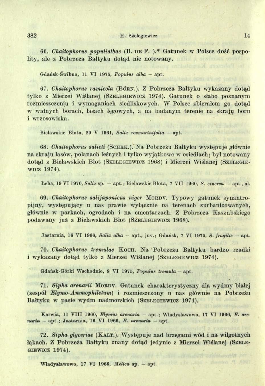 382 H. Szelegiewicz 14 66. Chaitophoms populialbae (B. d e F. ).* Gatunek w Polsce dość pospolity, ale z Pobrzeża Bałtyku dotąd nie notowany. Gdańsk-Świbno, 11 VI 1975, Populus alba apt. 6 7.