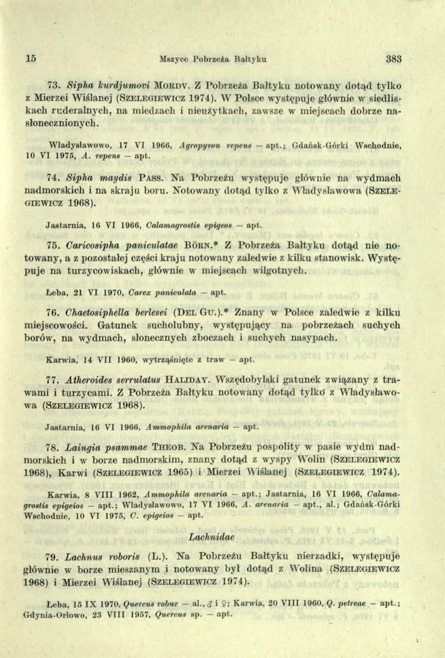 15 Mszyco Pobrzoża Bałtyku 383 73. Sipha kurdjumovi M o r d v. Z Pobrzeża Bałtyku notowany dotąd tylko z Mierzei Wiślanej (S z e l e g i e w ic z 1974).
