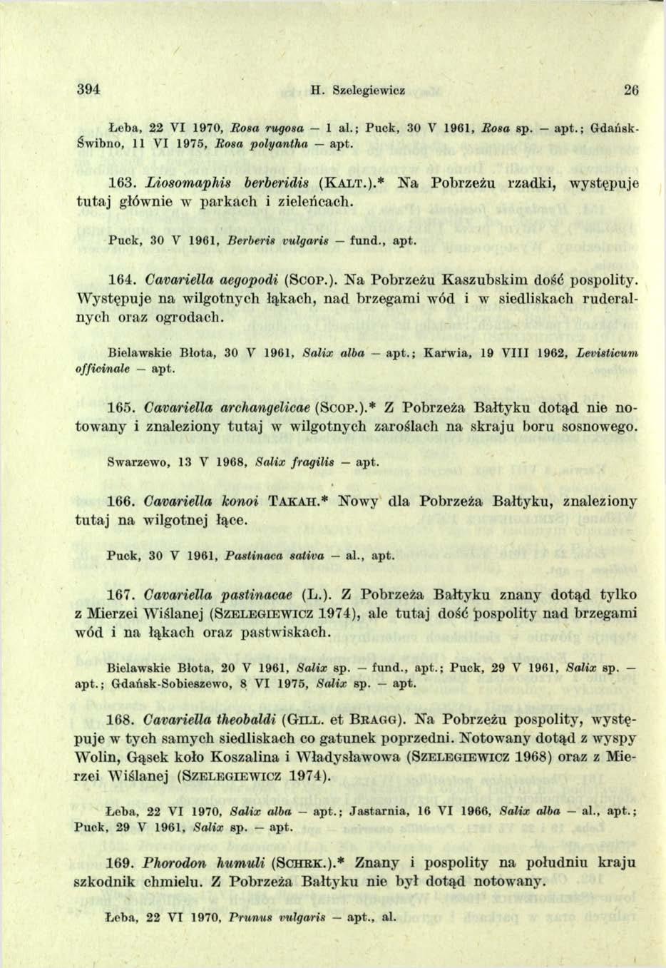 394 H. Szelegiewicz 26 Łeba, 22 VI 1970, Rosa rugosa 1 a l.; Puck, 30 V 1961, Rosa sp. apt.; Gdańsk- Świbno, 11 VI 1975, Rosa polyantha apt. 1 6 3. Liosomaphis berberidis ( K a l t.).