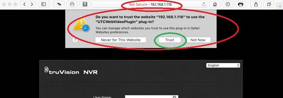 Dodatek C: Wtyczka TruVision Mac Safari Browser Plug-In v3.0 Kliknij przycisk Trust (Zaufaj), aby zaufać wtyczce.