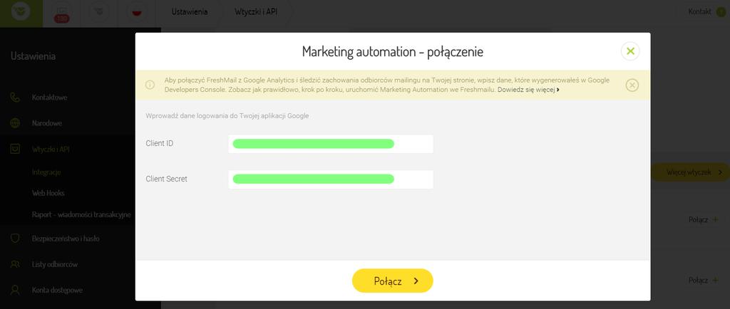 Gdy będziesz przeprowadzać swoją pierwszą integrację w systemie FreshMail, w sekcji Polecane wtyczki Pojawi się wtedy nowe okno, w