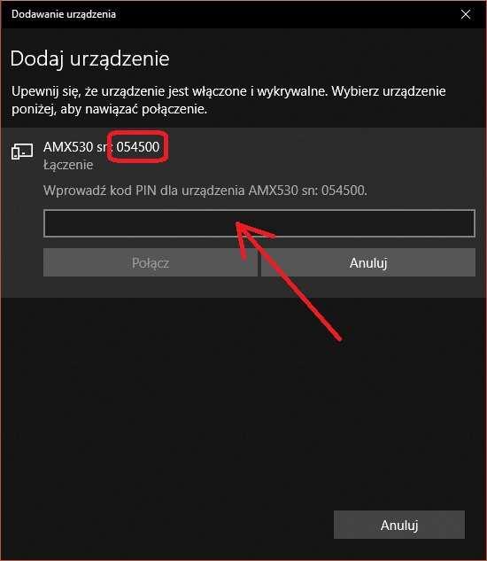 Komputer powinien znaleźć urządzenie AMX 530 z danym nr seryjnym. Należy wybrać z listy wykrytych urządzeń Bluetooth skaner AMX 530 (Rysunek 5).