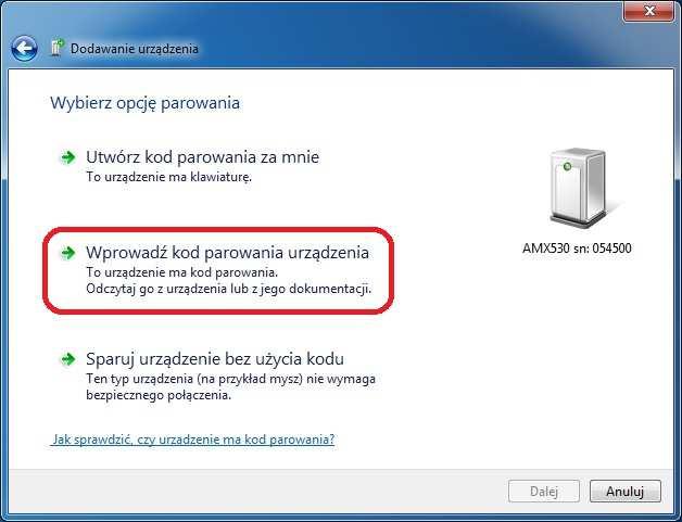 Należy wybrać z listy wykrytych urządzeń Bluetooth skaner AMX 530 i