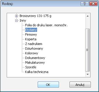 7. Wybierz rodzaj używanego papieru, a następnie kliknij przycisk OK. 8. Kliknij przycisk OK, aby zamknąć okno dialogowe Właściwości dokumentu.