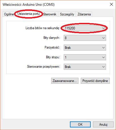 Należy przejść na zakładkę Ustawienia portu i sprawdzić liczbę bitów na sekundę (wartość ma być ustawiona na 115200): Rys. 11 Widok właściwości portu COM 6.