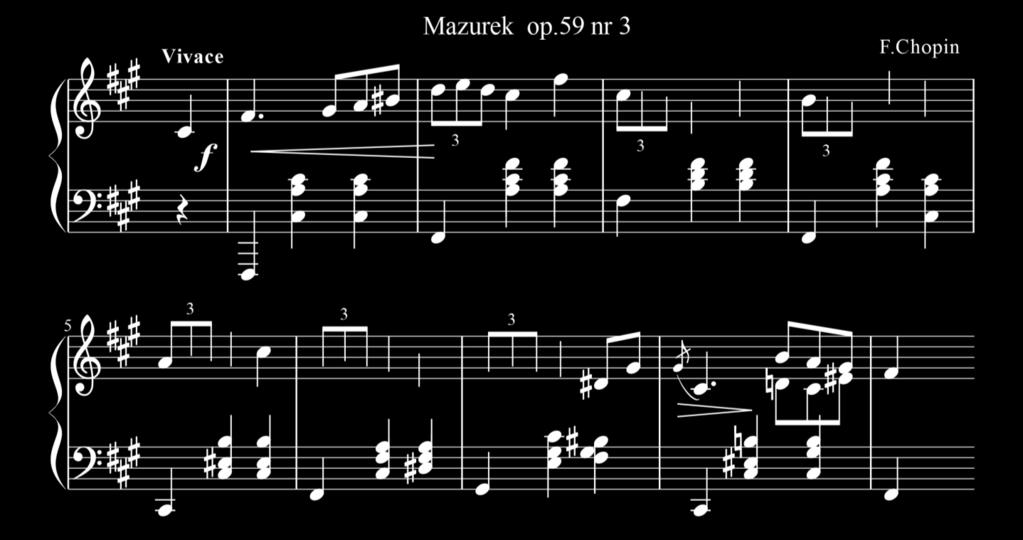 20. Posłuchaj mazurka i uzupełnij melodię w kluczu wiolinowym. Sprawdź i zapisz tonację tej kompozycji -.