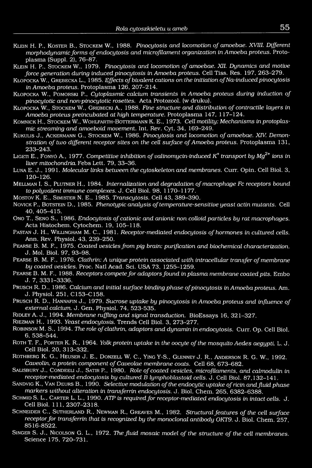 Pinocytosis and locomotion o f amoebae. XII. Dynamics and motive force generation during induced pinocytosis in Amoeba proteus. Cell Tiss. Res. 197, 263-279. K l o p o c k a W., G r ę b e c k a L.