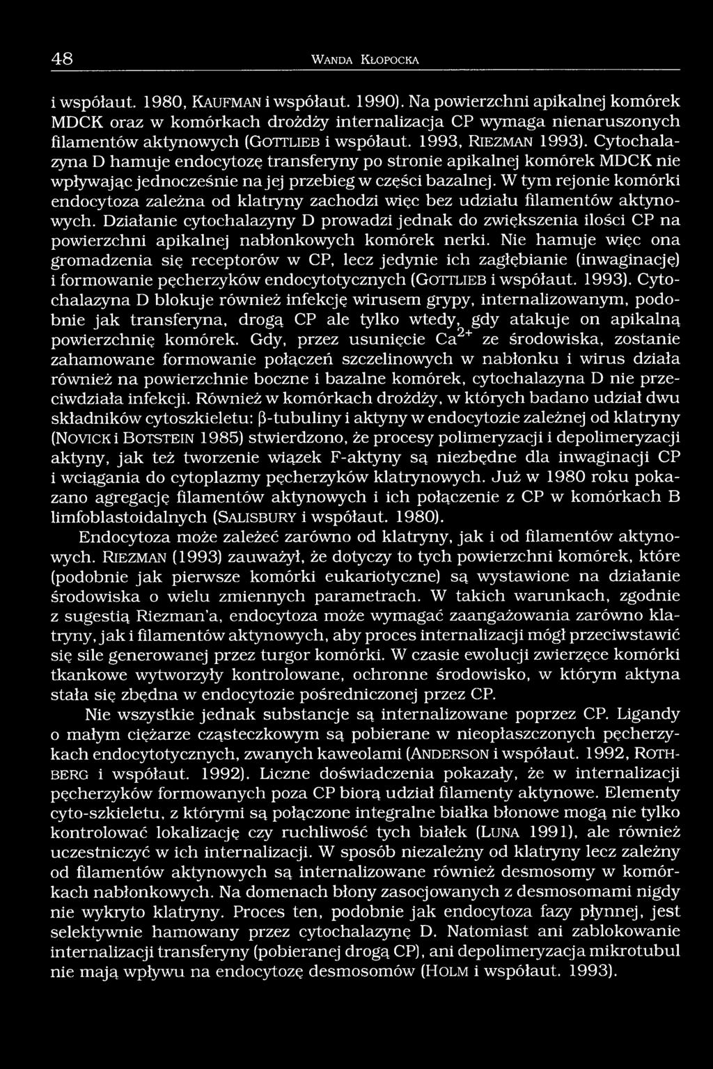 Cytochalazyna D hamuje endocytozę transferyny po stronie apikalnej komórek MDCK nie wpływając jednocześnie na jej przebieg w części bazalnej.